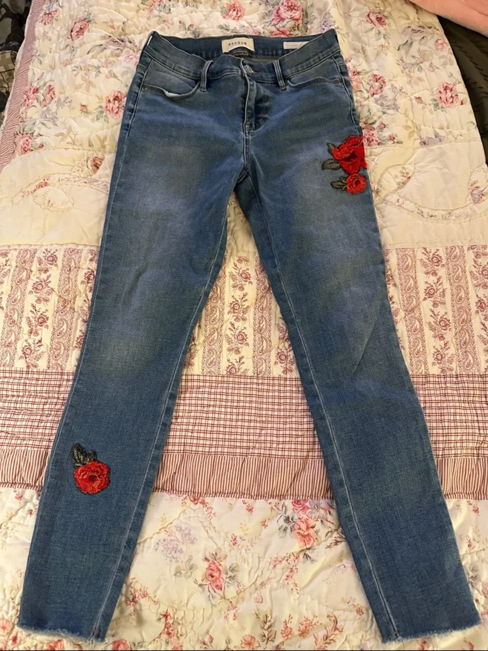 PacSun Blue Skinny Jeans with Red Rose Patches
